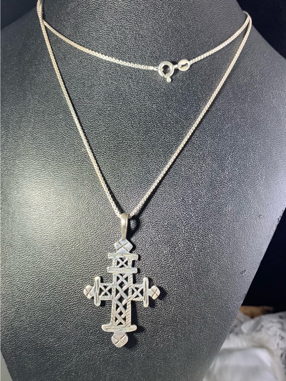 Vintage Sterling Silver Ethiopian Cross Pendant Necklace - 24"